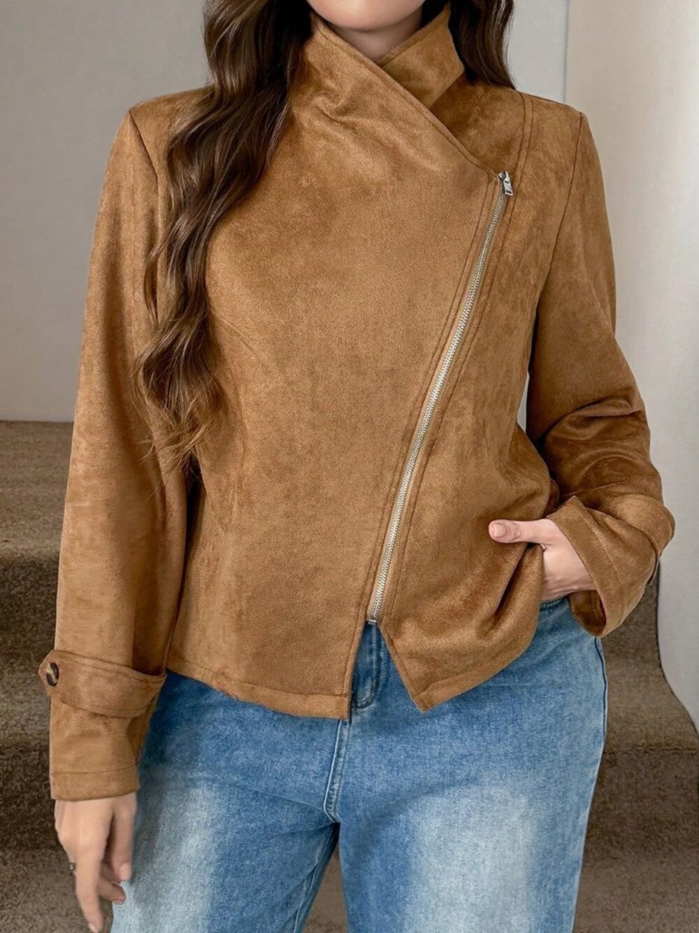 Brown Casual Women's Plus Size Zipper Long Sleeve Jacket